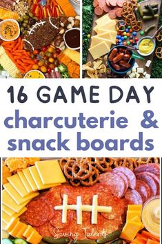 a collage of pictures with the words game day, charcuterie and snack boards