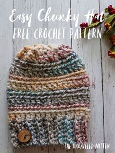 the easy crochet hat is made with yarn and has buttons on each side