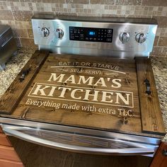 "Our stove top covers are handmade, stained and your design is CNC carved in the wood. No cheap vinyl stickers on these boards. I will send a design rendering of the name and phrase for approval before carving. Cover dimensions are 21.5\"x 30\" which will fit most stove tops (gas and electric ranges) If you need a custom size please contact us. Construction materials consist of pine wood, metal handles and rubber feet to prevent scratching." Old Style Kitchen, Wooden Stove Top Covers, Noodle Boards, Electric Ranges, Noodle Board, House Redesign, Rv Makeover, Stove Top Cover, Wood Serving Board