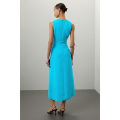 Blue crepe (100% Polyester). Sheath. Sleeveless. Crewneck. Back zipper closure. 52" from shoulder to hemline. Imported. Elegant Sleeveless Midi Dress With Side Zipper, Fitted Sleeveless Maxi Dress For Work, Formal Summer Dress With Side Zipper, Elegant Blue Sleeveless Dress For Work, Blue Sleeveless Dress With Side Zipper, Blue Knee-length Dresses With Side Zipper, Blue Summer Dress With Side Zipper, Sleeveless Work Dresses With Side Zipper, Sleeveless Workwear Dress With Side Zipper