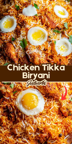 chicken tikka biyani with fried eggs and parmesan cheese on top