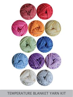 several balls of yarn in different colors and sizes with the text temperature blanket yarn kit