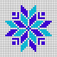 a blue and purple cross stitched snowflake pattern on a white square background