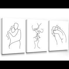 three black and white drawings of people holding each other