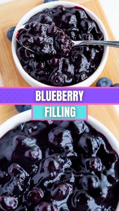 two bowls filled with blueberry filling on top of a wooden cutting board