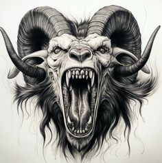 an artistic drawing of a demon with large horns and big fangs on it's face