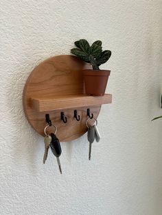 a wooden shelf with keys and a potted plant on it hanging from the wall