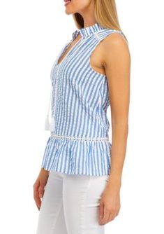 Bring life to your favorite looks with this tassel-detailed top from Crown & Ivy. | Crown & Ivy Women's Sleeveless Crochet Peasant Top, Blue, XXL Bohemian Sleeveless Top With Tassel Ties, Blue Tassel Tops For Beach, Blue Tassel Tops For Summer, Beach Blue Tops With Tassels, Blue Beach Tops With Tassels, Casual V-neck Tops With Tassel Ties, Casual Blue Tops With Tassel Ties, Spring V-neck Top With Back Tassel Tie-up, Blue Tassel Blouse For Summer