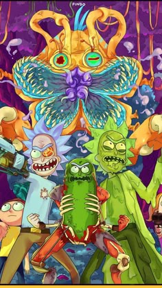 an image of some cartoon characters in front of a giant creature with large eyes and long legs