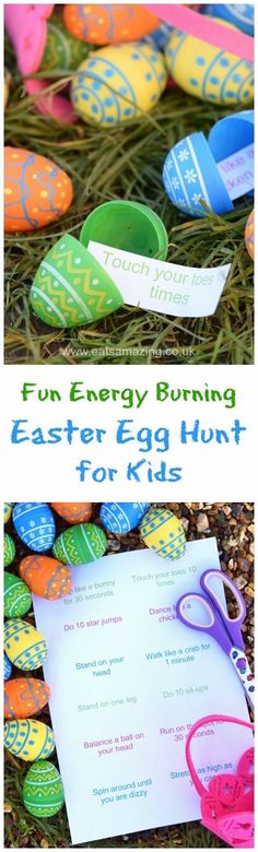 an easter egg hunt for kids with colorful eggs and paper on the ground, in front of