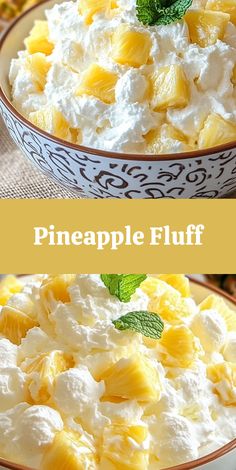 pineapple fluff in a bowl with whipped cream and mint garnish on top