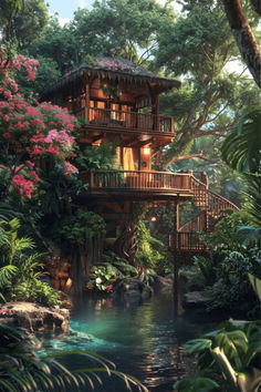 an artist's rendering of a tree house in the jungle