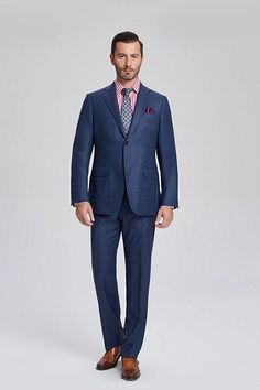 Notch Lapel Flap Pocket Navy Blue Mens Business Suits-showprettydress Blue Single Button Formal Suits, Professional Blue Formal Sets, Blue Double Breasted Single Button Suit For Formal Occasions, Elegant Blue Single Button Set, Formal Blue Suiting Fabric Sets, Blue Formal Sets With Welt Pockets, Formal Blue Sets With Notch Lapel, Formal Single Breasted Custom Fit Sets, Formal Custom Fit Single Breasted Sets