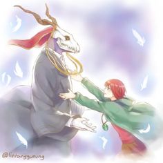 a boy is touching the head of a white horse with long red hair and horns