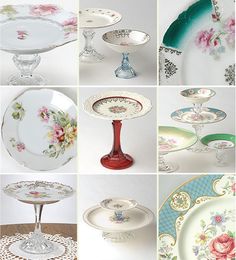 there are many different plates and dishes on the table in this collage, all decorated with flowers