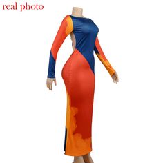 Sexy Backless Maxi Dress Fashion Print Long Sleeve Bodycon Party Dress – Ingvn Orange Fitted Maxi Dress For Night Out, Fitted Orange Maxi Dress For Night Out, Stretch Orange Maxi Dress For Party, Spring Party Long Bodycon Dress, Multicolor Long Sleeve Club Dress, Orange Stretch Dress For Party, One-piece Evening Dress For Spring, Orange Backless Party Dress, Fitted One-piece Party Dress