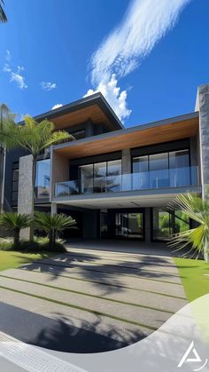 an architectural rendering of a modern house with palm trees and blue sky in the background