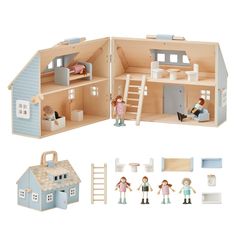 a doll house with furniture and accessories including dolls, stairs to the second floor and two children's rooms