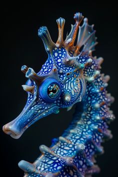 a close up of a sea horse with blue and white paint on it's body