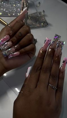 Pink And Silver Acrylic Nails, Long Duck Nails Acrylic, Silver Pink Nails, Long Duck Nails, Silver And Pink Nails, Pink And Silver Nails, Silver Acrylic Nails, Long Acrylic Nail Designs