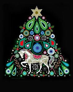 a colorful christmas tree with an animal on it's bottom and stars above the top