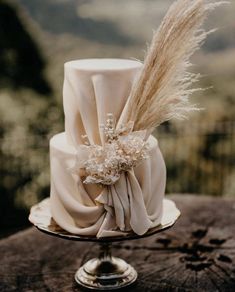 a white wedding cake with feathers on top