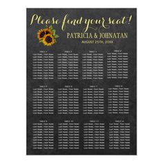 a sunflower wedding seating chart on a chalkboard with the words please for your seat