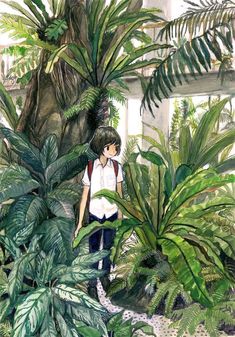 a painting of a boy standing in the middle of some plants