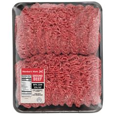 ground beef in a plastic container with the label on it's front and side