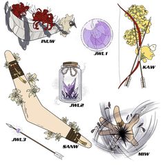 an image of various items that are labeled in this graphic style, including flowers and plants