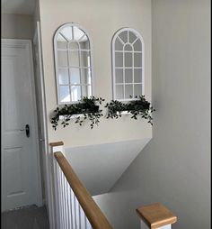 two windows on the side of a wall with plants growing out of them, along with a wooden banister