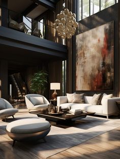 a living room filled with furniture and a large painting on the wall above it's windows