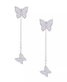 Macy's - Cubic Zirconia Butterfly Chain Earrings in Fine Silver Plate Macy's Silver Cubic Zirconia Earrings, Macy's Drop Earrings For Pierced Ears, Macy's Dangle Earrings As Gift, Macy's White Gold Dangle Earrings, Macy's Sterling Silver Drop Earrings, Chain Butterfly, Double Butterfly, Butterfly Chain, Butterfly Earring