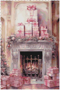 a painting of a fireplace with presents around it