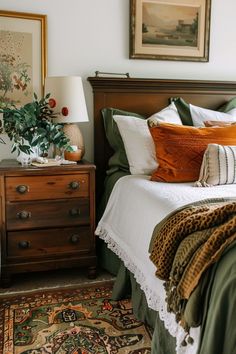 a bed with pillows and blankets on it in a bedroom next to a dresser filled with flowers