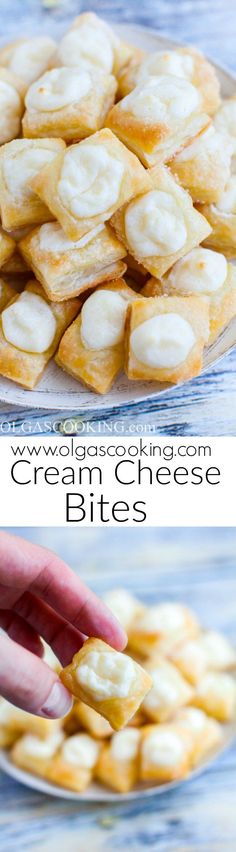 two pictures showing how to make cream cheese bites with the words, easy and delicious