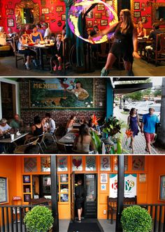 people are sitting at tables and standing in front of the door to an orange building