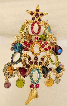 Signed Kirk’s Folly Christmas Tree Pin Brooch w/ Rhinestones & Dangle Beads | eBay