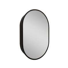 an oval mirror with black frame on a white background, it is isolated against the wall