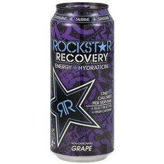 rockstar recovery energy drink with purple and black stars on the side, in a can