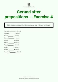 an exercise sheet with the words gerund after prepositions - exercise 4