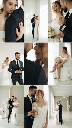 a bride and groom are posing for pictures in their wedding photoshoot with champagne glasses