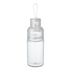 a clear glass bottle with a white lid and a plastic straw sticking out of it