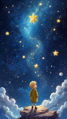 a boy looking up at the stars in the sky