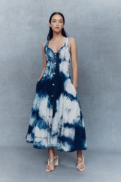 Enigma Denim Midi Dress | Tie Dye Indigo | Aje – Aje World Aje Denim Dress, Denim One Piece Dress, Marble Dress, Shibori Dress, Indigo Dress, Organic Nature, Tie Dye Denim, Denim Midi Dress, Effortlessly Chic Outfits