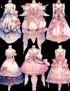 some very pretty dresses on display in front of a black background with pink and blue accents