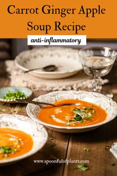 carrot ginger apple soup recipe with text overlay