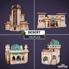 four different views of a building made out of lego blocks and paper machs, with the text desert temples on it