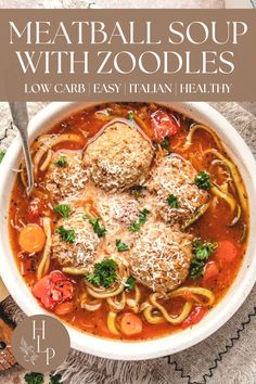 meatball soup with noodles in a white bowl