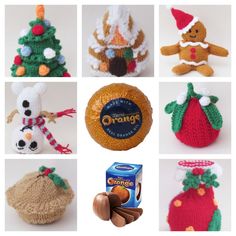 there are many crocheted christmas ornaments in this photo collage, including oranges and other holiday decorations